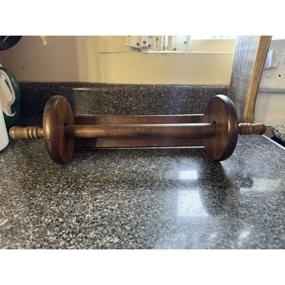 Vintage dark brown solid wood wall mount paper towel holder rolling pin shaped